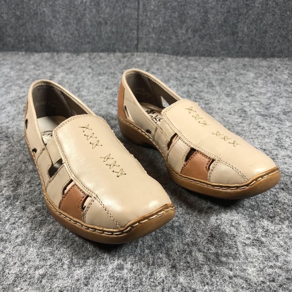 Rieker Antistress Shoes Womens Size 8.5 Beige Leather Slip On Comfort Cutout‎